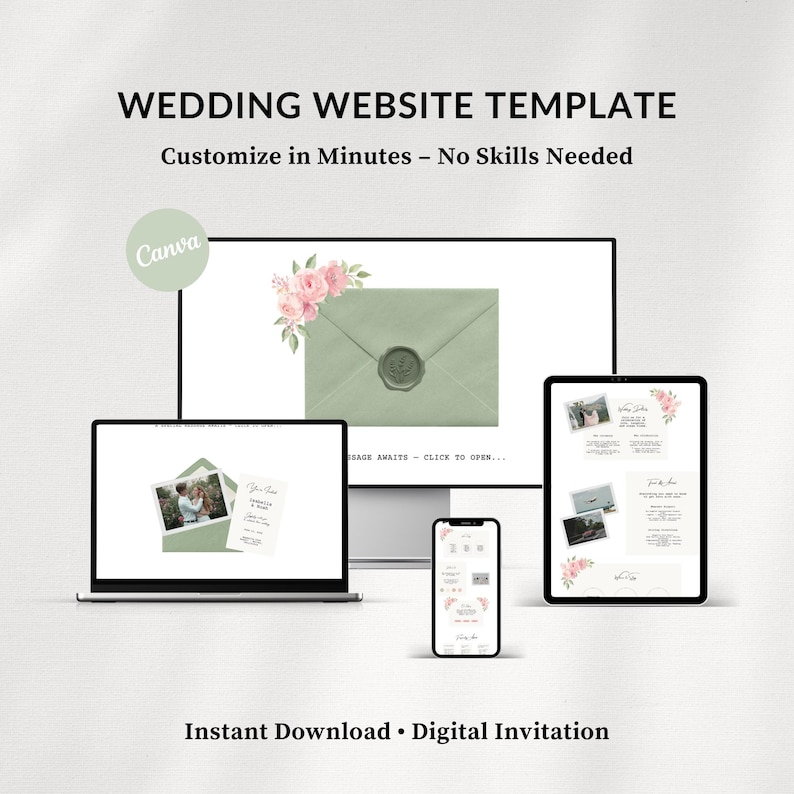 Puede incluir: Una plantilla digital de sitio web de bodas que se muestra en una computadora port&aacute;til, tableta, tel&eacute;fono inteligente y monitor de escritorio. El dise&ntilde;o presenta un sobre verde salvia con un arreglo floral y el texto "WEDDING WEBSITE TEMPLATE".