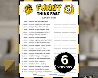 Pode incluir: Uma folha de jogo branca intitulada FUNNY THINK FAST EVERYDAY CHAOS com uma borda xadrez amarela e preta. Contém vinte perguntas numeradas, um cérebro com capacete, um cronómetro animado e um círculo preto indicando 6 VERSIONS.