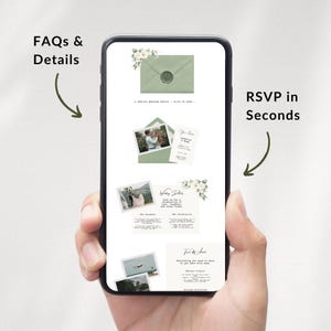 Peut inclure: Un smartphone affiche les d&eacute;tails d'une invitation de mariage. L'&eacute;cran montre une enveloppe verte avec un sceau de cire, des photos et du texte. Les mots "FAQs & Details" et "RSVP in Seconds" sont &eacute;galement visibles.