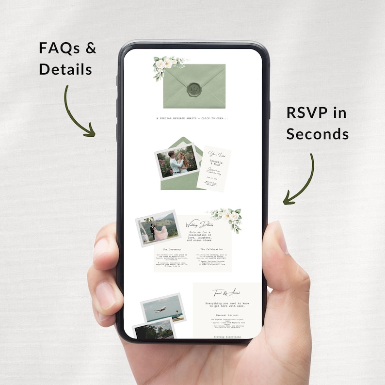 Peut inclure: Un smartphone affiche les d&eacute;tails d'une invitation de mariage. L'&eacute;cran montre une enveloppe verte avec un sceau de cire, des photos et du texte. Les mots "FAQs & Details" et "RSVP in Seconds" sont &eacute;galement visibles.
