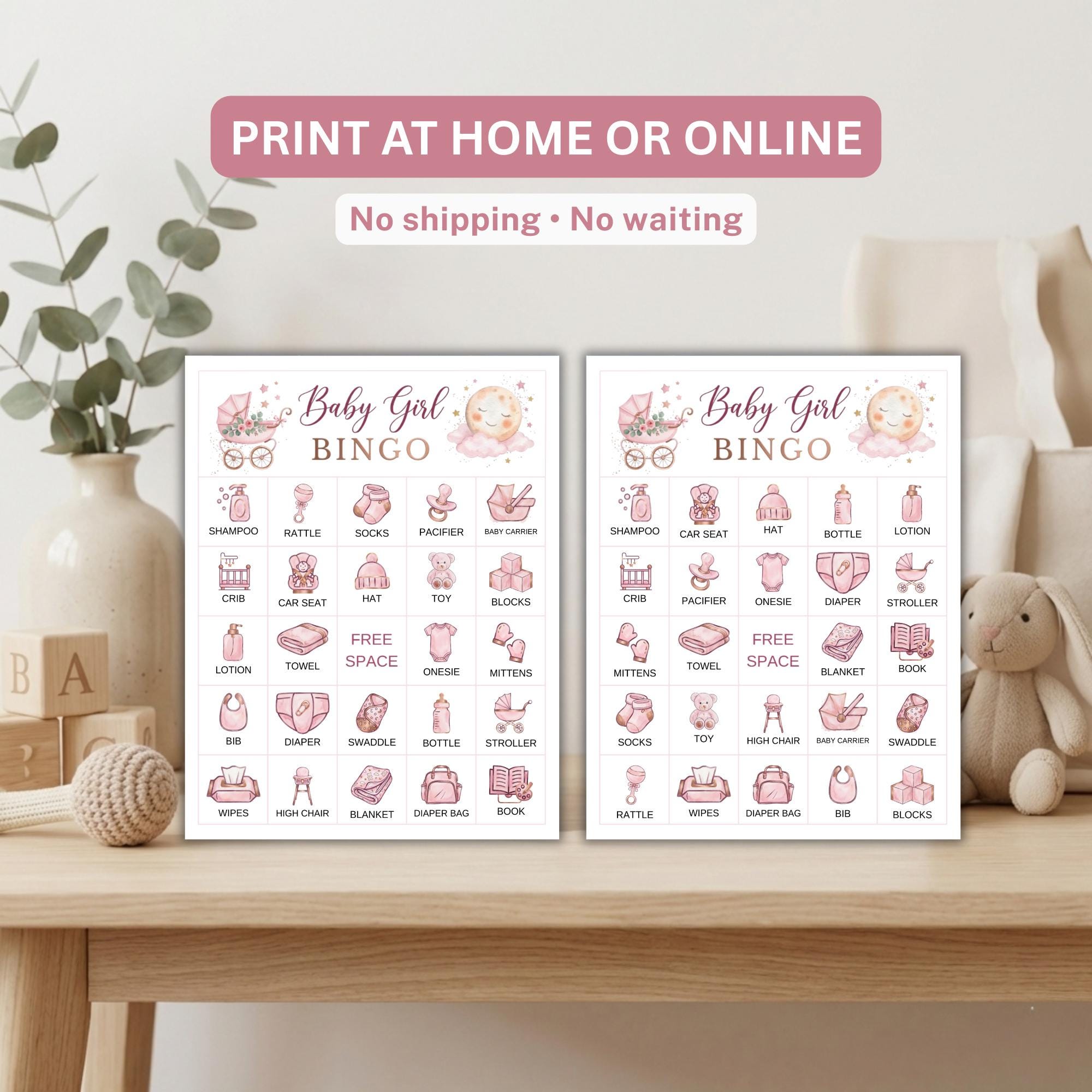Baby Girl Bingo – Printable Baby Shower Bingo Game, 100 Prefilled Baby ...