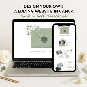 Può includere: Un laptop e uno smartphone mostrano un design di sito web di matrimonio. Lo schermo del laptop mostra una busta verde con dettagli floreali e un sigillo di cera. Il telefono mostra pagine web con foto e testo. Testo: DESIGN YOUR OWN WEDDING WEBSITE IN CANVA.