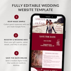 May include: A smartphone screen showcases a wedding website template in burgundy and white. The display features a "Save the Date" announcement with the couple's names and wedding details. The phone is on a white surface.