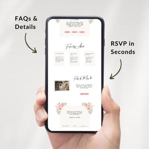 Puede incluir: Un tel&eacute;fono inteligente muestra un sitio web de bodas con texto y detalles florales. La pantalla muestra secciones de preguntas frecuentes, RSVP y una foto de una pareja. El sitio web tiene una est&eacute;tica suave y rom&aacute;ntica con elementos rosas y verdes.