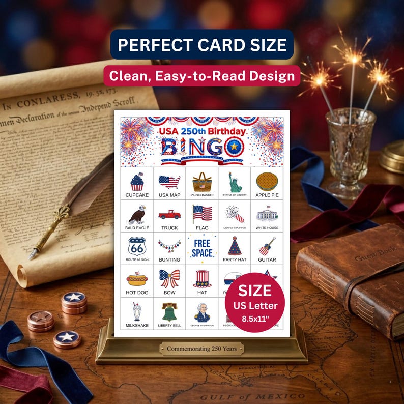 USA 250th Anniversary Bingo Game – 100 Unique Cards, Patriotic 4th of ...