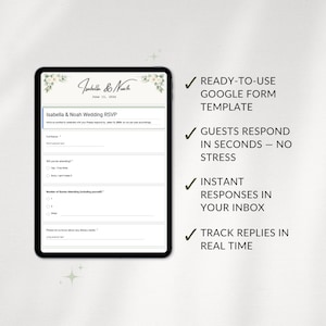 Peut inclure: Une tablette num&eacute;rique affiche un formulaire de r&eacute;ponse pour un mariage, avec les noms "Isabella & Noah" et la date du 11 juin 2016. Le formulaire comprend des champs pour les informations des invit&eacute;s. Le texte met en avant les r&eacute;ponses instantan&eacute;es.
