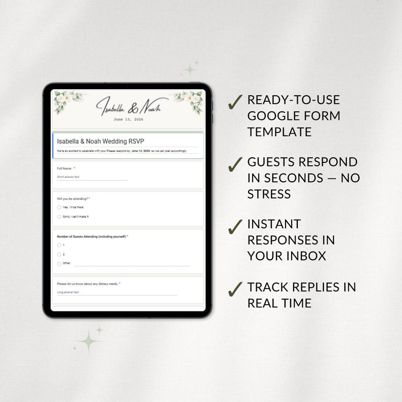 Peut inclure: Une tablette num&eacute;rique affiche un formulaire de r&eacute;ponse pour un mariage, avec les noms "Isabella & Noah" et la date du 11 juin 2016. Le formulaire comprend des champs pour les informations des invit&eacute;s. Le texte met en avant les r&eacute;ponses instantan&eacute;es.