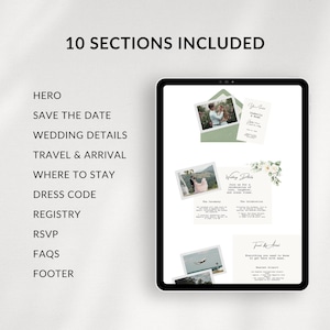 Peut inclure: Une maquette de mariage num&eacute;rique affich&eacute;e sur une tablette. L'&eacute;cran montre des exemples de d&eacute;tails de mariage, notamment des photos, du texte et des accents floraux. Le texte "10 SECTIONS INCLUDED" est en haut, avec une liste de sections &agrave; gauche.