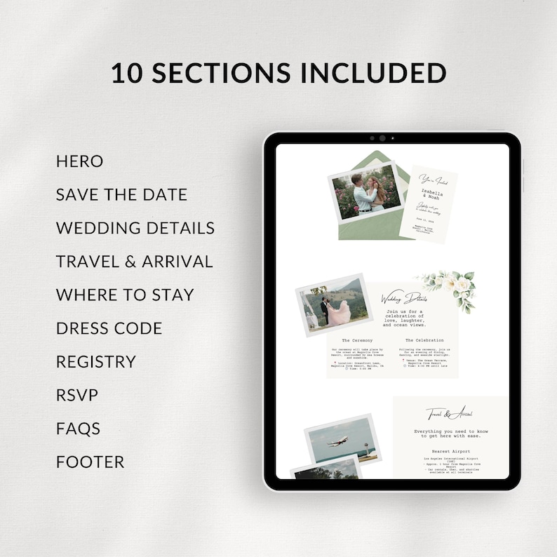 Peut inclure: Une maquette de mariage num&eacute;rique affich&eacute;e sur une tablette. L'&eacute;cran montre des exemples de d&eacute;tails de mariage, notamment des photos, du texte et des accents floraux. Le texte "10 SECTIONS INCLUDED" est en haut, avec une liste de sections &agrave; gauche.