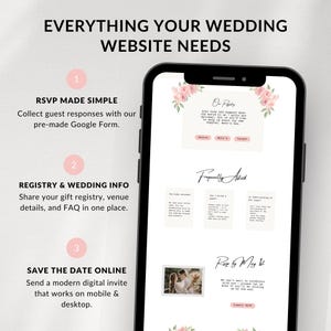 Puede incluir: Un tel&eacute;fono inteligente muestra una plantilla de sitio web de bodas con detalles florales. La pantalla muestra secciones para RSVP, informaci&oacute;n del registro y un guardar la fecha digital. El texto incluye "Everything Your Wedding Website Needs."