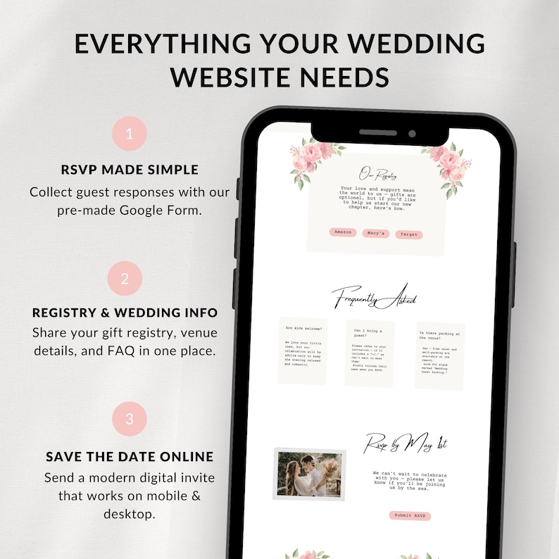 Puede incluir: Un tel&eacute;fono inteligente muestra una plantilla de sitio web de bodas con detalles florales. La pantalla muestra secciones para RSVP, informaci&oacute;n del registro y un guardar la fecha digital. El texto incluye "Everything Your Wedding Website Needs."