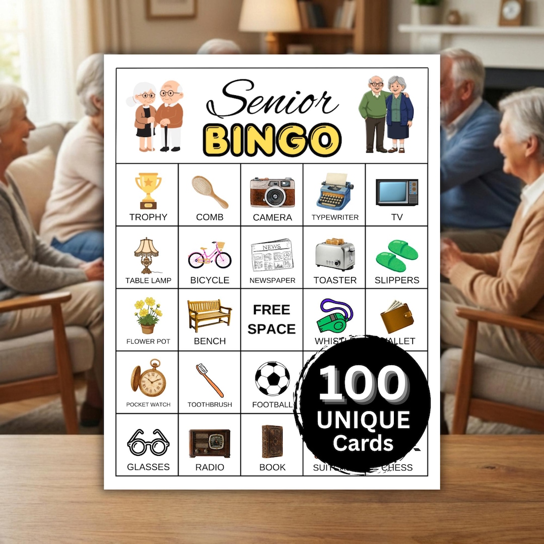 Senior Citizen Bingo Printable, 100 Unique Bingo Cards, Family Bingo