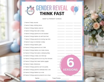 Pode incluir: Um cartão de jogo de revelação de género intitulado GENDER REVEAL THINK FAST com um ícone de cronómetro, balões e uma lista de 20 perguntas sobre o caos de bebés e pais. Inclui um círculo cor-de-rosa com 6 VERSIONS e linhas para pontos.