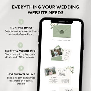 Peut inclure: Un smartphone affiche une interface de site web de mariage. L'&eacute;cran pr&eacute;sente des options de RSVP, de registre et de sauvegarde de la date. Le site web comprend des photos, des d&eacute;tails d'invitation et un design d'enveloppe verte avec des accents floraux. Le texte indique "Tout ce dont votre site web de mariage a besoin."