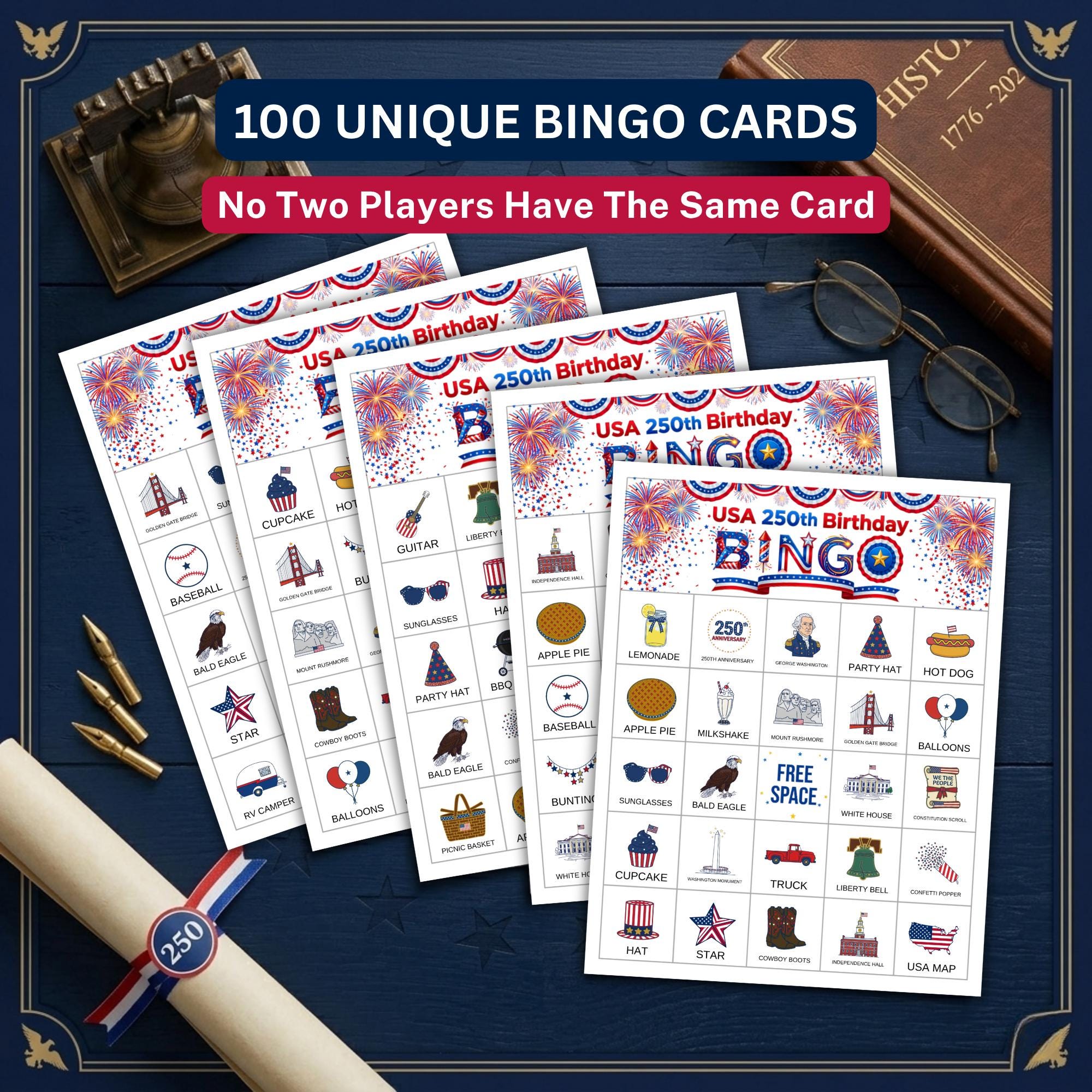 USA 250th Anniversary Bingo Game – 100 Unique Cards, Patriotic 4th of ...