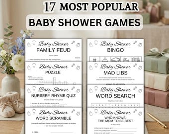 Pode incluir: Uma coleção de cartões de jogos impressos para chá de bebê com texto preto em papel branco. O conjunto inclui títulos como Family Feud, Bingo, Puzzle, Mad Libs, Nursery Rhyme Quiz, Word Search, Word Scramble e Who Knows the Mom to Be Best.