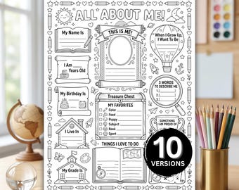 Pode incluir: Uma folha de atividades imprimível em preto e branco intitulada All About Me com seções para detalhes pessoais, favoritos e objetivos, decorada com ilustrações de sol, lua, balão, casa, escola e livros, com 10 versões.