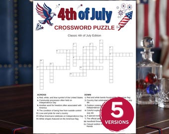 Pode incluir: Uma folha de palavras cruzadas de 4 de julho com texto e gráficos em vermelho, branco e azul, incluindo uma águia e um fogo de artifício. A página apresenta uma grade, pistas numeradas e um emblema circular vermelho com 5 VERSIONS.