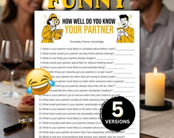 Pode incluir: Uma folha de jogo em papel branco intitulada How Well Do You Know Your Partner com uma lista de 20 perguntas e linhas em branco para respostas. O cabeçalho apresenta ilustrações de um detetive e uma pessoa com um livro.