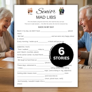 Jeu Mad Libs pour personnes âgées à imprimer, activité de fête de départ à la retraite, jeux dans un centre pour personnes âgées, plaisir dans une maison de retraite, divertissement pour personnes âgées PDF