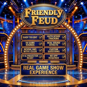 Puede incluir: Una pantalla de programa de juegos titulada Friendly Feud con un esquema de color azul y dorado. La pantalla enumera características que incluyen fácil de editar, seguimiento automático de puntajes, 50 rondas, efectos de sonido y sin aplicación.