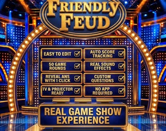 Pode incluir: Um display digital de programa de auditório intitulado Friendly Feud com esquema de cores azul e dourado. A tela lista recursos, incluindo fácil de editar, rastreamento automático de pontuação, 50 rodadas, efeitos sonoros reais e sem aplicativo.