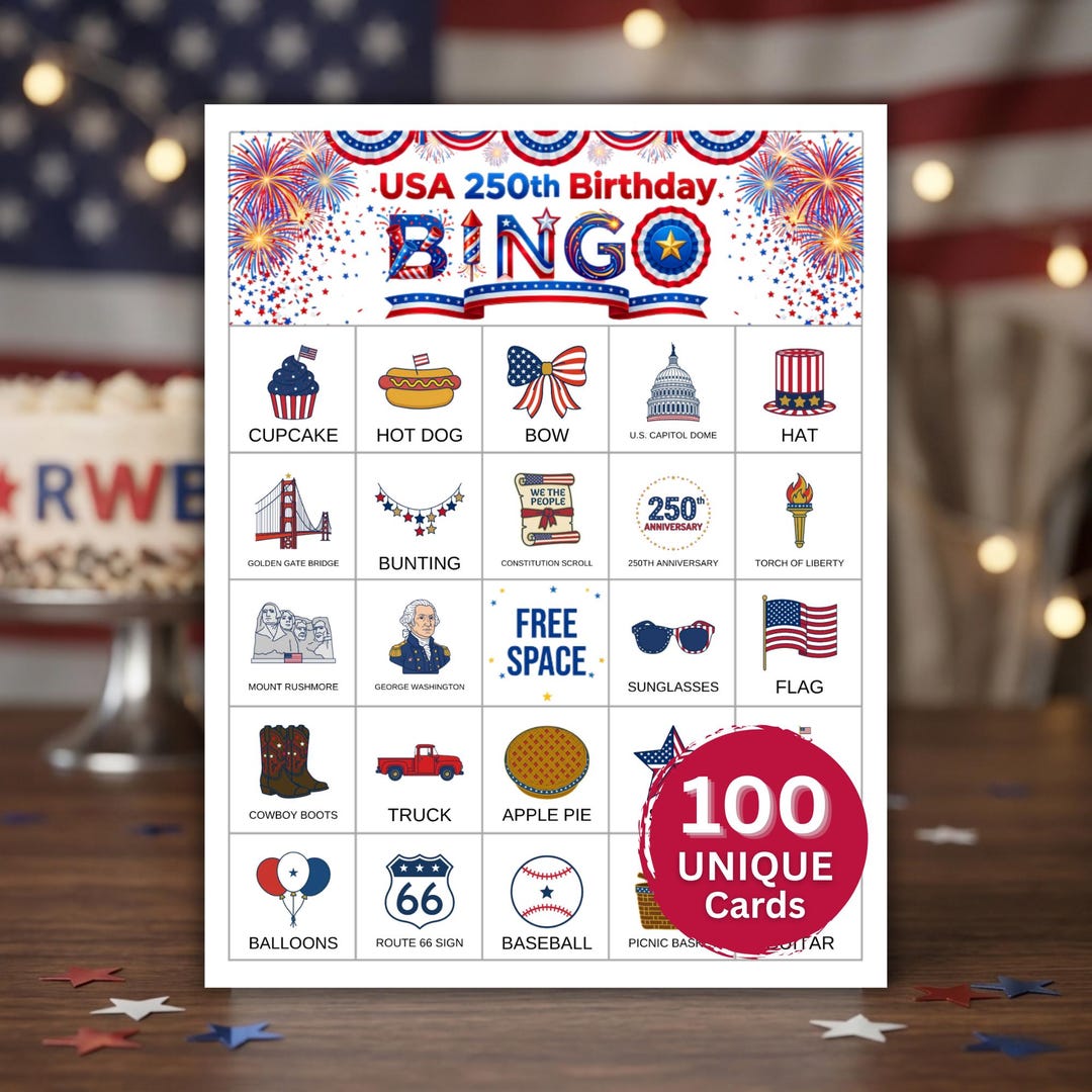 USA 250th Anniversary Bingo Game – 100 Unique Cards, Patriotic 4th of ...