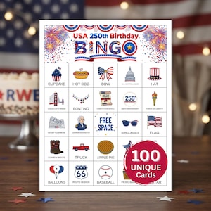 May include: A patriotic Bingo game card with a red, white, and blue theme. The card features illustrations of American icons like the Statue of Liberty, hot dogs, and the U.S. Capitol Dome. The text reads "USA 250th Birthday BINGO". Includes 100 unique cards.