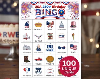 USA 250th Anniversary Bingo Game – 100 Unique Cards, Patriotic 4th of July Bingo, USA 250 Birthday Party Game, July 4th Games