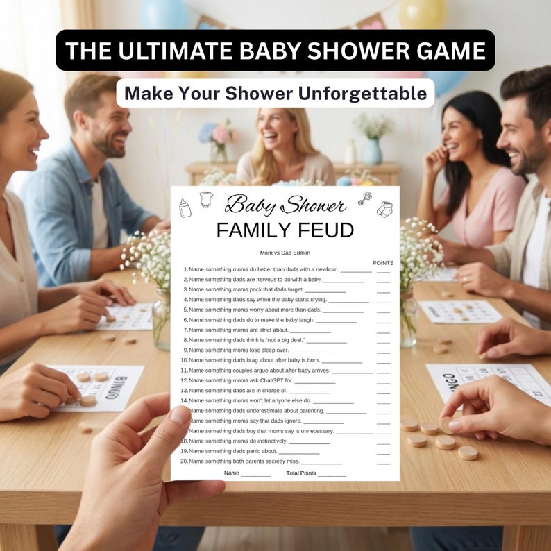 May include: A white paper game sheet titled Baby Shower FAMILY FEUD Mom vs Dad Edition with twenty numbered questions and blank lines for answers. The sheet features small black line art icons of a baby bottle, onesie, rattle, and booties.