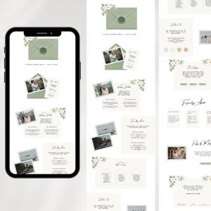 Peut inclure: Un smartphone affiche des mod&egrave;les de faire-part de mariage. Les invitations pr&eacute;sentent des photos, des motifs floraux et du texte sur un fond vert clair. La conception comprend des enveloppes avec des cachets de cire et des cartes d'information.