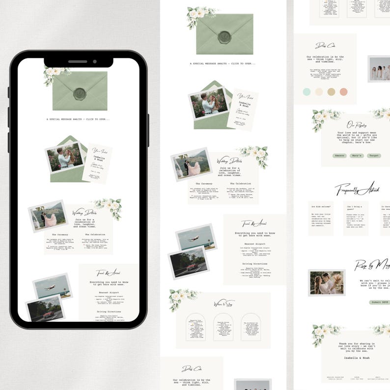 Peut inclure: Un smartphone affiche des mod&egrave;les de faire-part de mariage. Les invitations pr&eacute;sentent des photos, des motifs floraux et du texte sur un fond vert clair. La conception comprend des enveloppes avec des cachets de cire et des cartes d'information.