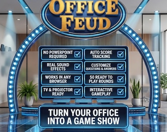 Pode incluir: Um display digital de programa de auditório intitulado OFFICE FEUD com um arco de neon azul. A tela lista recursos como não requer PowerPoint, rastreamento automático de pontuação, efeitos sonoros reais e 50 rodadas. Texto: TURN YOUR OFFICE INTO A GAME SHOW.