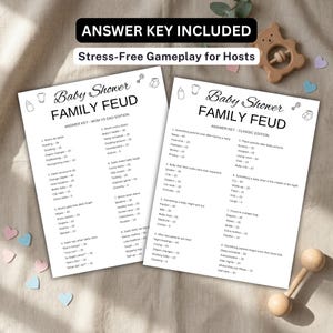 May include: Two white paper sheets featuring Baby Shower Family Feud game cards with black text and line art icons. The cards include Mom vs Dad and Classic editions with answer keys. The text reads ANSWER KEY INCLUDED and Stress-Free Gameplay for Hosts.