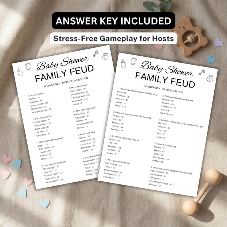 May include: Two white paper sheets featuring Baby Shower Family Feud game cards with black text and line art icons. The cards include Mom vs Dad and Classic editions with answer keys. The text reads ANSWER KEY INCLUDED and Stress-Free Gameplay for Hosts.