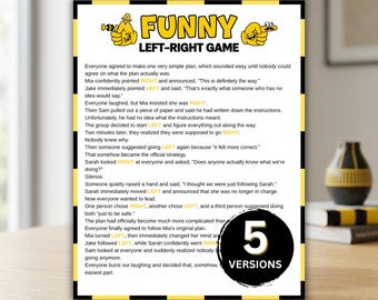 Pode incluir: Uma folha de jogo impressa intitulada Funny Left-Right Game com uma borda amarela e preta. O texto conta uma história sobre os personagens Mia, Jake, Sam e Sarah tomando decisões. Um gráfico circular preto exibe 5 VERSIONS.