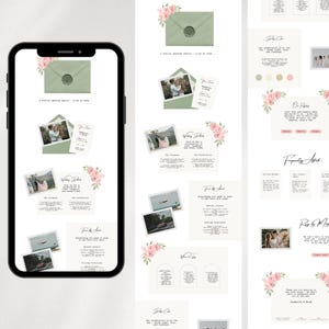 Puede incluir: Un tel&eacute;fono inteligente muestra los detalles de una invitaci&oacute;n de boda. El dise&ntilde;o presenta un sobre verde salvia con un sello de cera y detalles florales rosas. Se incluyen fotos de la pareja y detalles del evento. El texto dice: "Un mensaje especial te espera - haz clic para abrir..."
