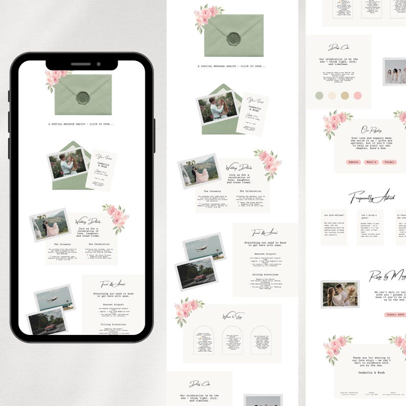 Puede incluir: Un tel&eacute;fono inteligente muestra los detalles de una invitaci&oacute;n de boda. El dise&ntilde;o presenta un sobre verde salvia con un sello de cera y detalles florales rosas. Se incluyen fotos de la pareja y detalles del evento. El texto dice: "Un mensaje especial te espera - haz clic para abrir..."