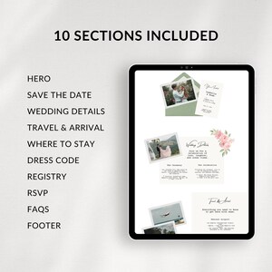 Puede incluir: Una plantilla digital de invitaci&oacute;n de boda en una tableta. La pantalla muestra secciones como "Save the Date" y "Wedding Details". El dise&ntilde;o incorpora fotos, elementos florales y tipograf&iacute;a elegante. Se muestra el texto "10 SECTIONS INCLUDED".