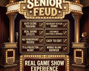 Pode incluir: Um display digital de programa de auditório intitulado Senior Feud com um letreiro iluminado, dois pódios e uma lista de recursos, incluindo rastreamento automático de pontuação, 100 rodadas prontas para jogar e efeitos sonoros.
