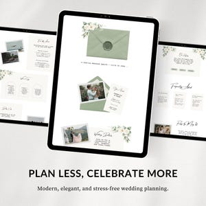 Peut inclure: Une tablette num&eacute;rique affiche des mod&egrave;les de planification de mariage. L'&eacute;cran montre des photos, des mod&egrave;les d'invitations et du texte. Le texte indique "Planifiez moins, c&eacute;l&eacute;brez plus" et "Planification de mariage moderne, &eacute;l&eacute;gante et sans stress."