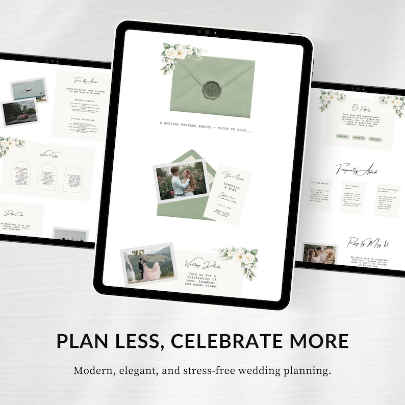 Peut inclure: Une tablette num&eacute;rique affiche des mod&egrave;les de planification de mariage. L'&eacute;cran montre des photos, des mod&egrave;les d'invitations et du texte. Le texte indique "Planifiez moins, c&eacute;l&eacute;brez plus" et "Planification de mariage moderne, &eacute;l&eacute;gante et sans stress."
