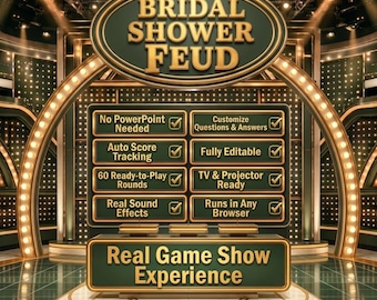 Pode incluir: Um modelo de programa de jogos digital intitulado Bridal Shower Feud com uma estética verde-escura e dourada. O display lista recursos, incluindo No PowerPoint Needed, Auto Score Tracking, 60 Ready-to-Play Rounds e Real Game Show Experience.