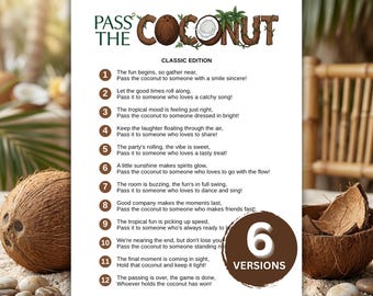 Pode incluir: Uma folha de jogo impressa intitulada Pass the Coconut Classic Edition com doze instruções numeradas para um jogo de festa. O texto é preto sobre fundo branco com um gráfico de coco e um emblema circular de 6 Versions.