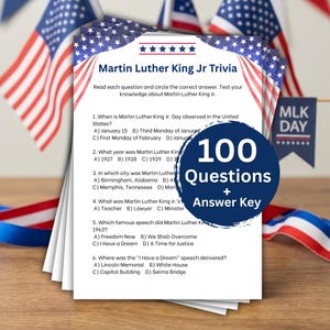 May include: A stack of trivia cards with the title "Martin Luther King Jr Trivia." The cards feature questions about Martin Luther King Jr. and include a circular graphic that says "100 Questions + Answer Key." American flags are in the background.