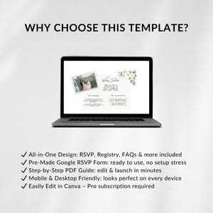 Peut inclure: Un ordinateur portable affiche un mod&egrave;le de d&eacute;tails de mariage avec une photo et des accents floraux. Le texte &agrave; l'&eacute;cran comprend "Wedding Details", "The Ceremony" et "The Celebration". L'&eacute;cran affiche &eacute;galement une liste de fonctionnalit&eacute;s.