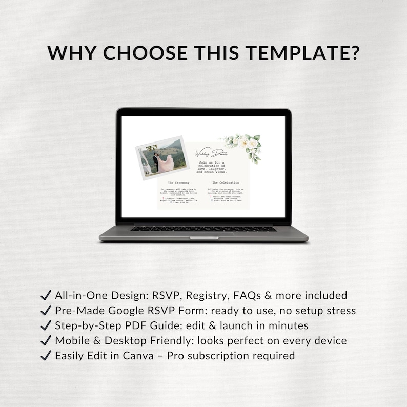 Peut inclure: Un ordinateur portable affiche un mod&egrave;le de d&eacute;tails de mariage avec une photo et des accents floraux. Le texte &agrave; l'&eacute;cran comprend "Wedding Details", "The Ceremony" et "The Celebration". L'&eacute;cran affiche &eacute;galement une liste de fonctionnalit&eacute;s.