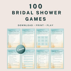 May include: A collection of printable bridal shower games. The design features a light blue and beige color scheme with starfish and beach-themed elements. The text "100 Bridal Shower Games" is displayed at the top.