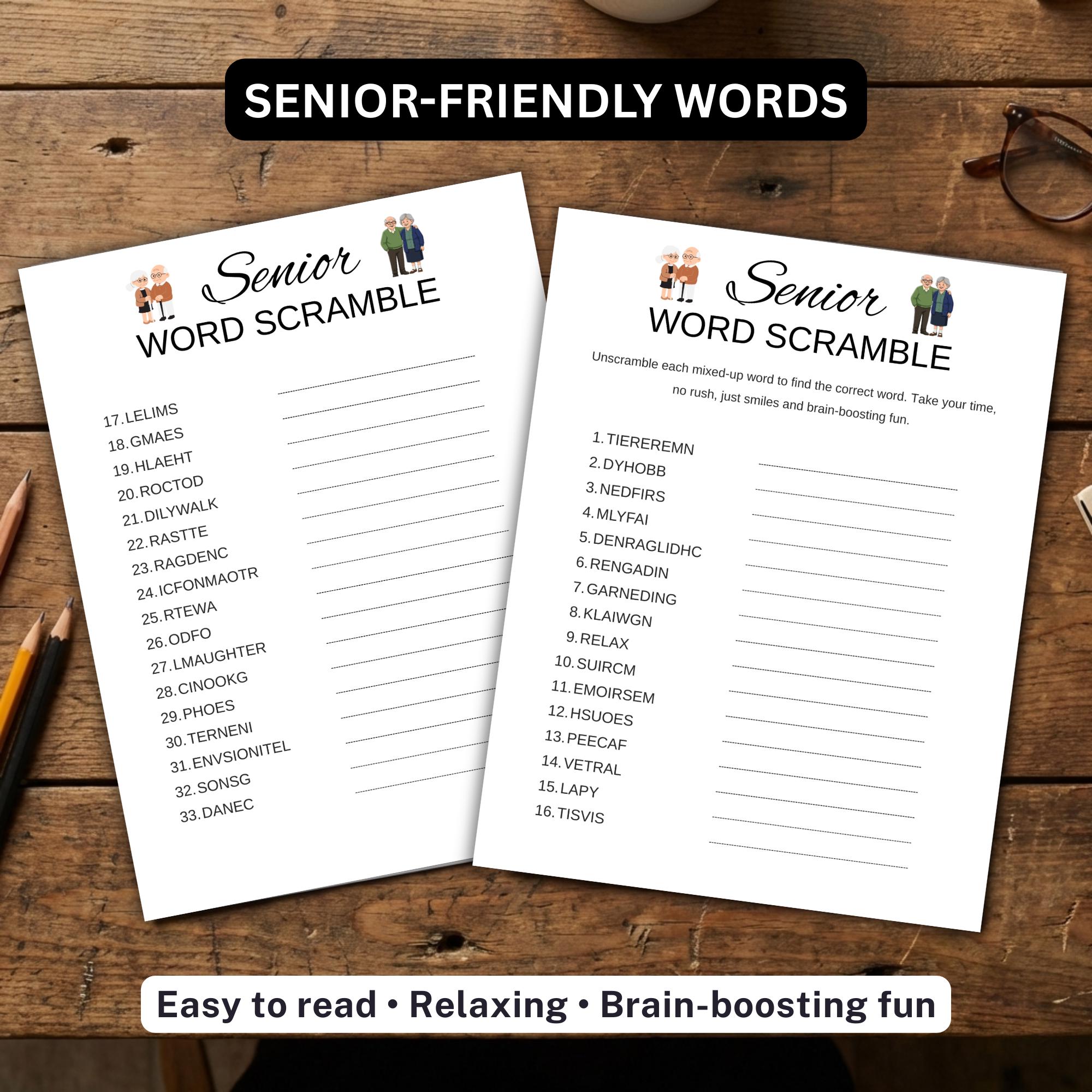 Seniors Word Scramble Game Printable, Senior Citizen Games, Retirement