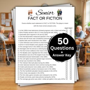 May include: A stack of white paper sheets with a "Senior Fact or Fiction" game. The game includes 50 questions and an answer key. The game is designed for seniors and tests knowledge of historical facts.